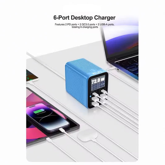 Φορτιστής Σταθμός Relife Q4, 72W, 5A, 2 x USB-C - 4 x USB-A, Μπλε