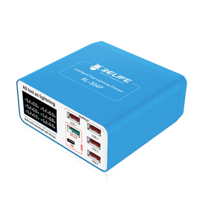 Relife RL-304P Charging Station, 40W, 3A, 1 x USB-C - 5 x USB-A, Blue