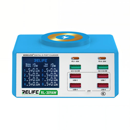 Φορτιστής Σταθμός Relife RL-309AW, 100W, 5A, 2 x USB-C - 6 x USB-A, Μπλε