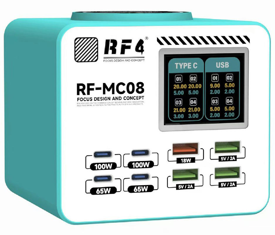 Φορτιστής Σταθμού RF4 RF-MC08, 150W, 5A, 4 x USB-A - 4 x USB-C, Τυρκουάζ