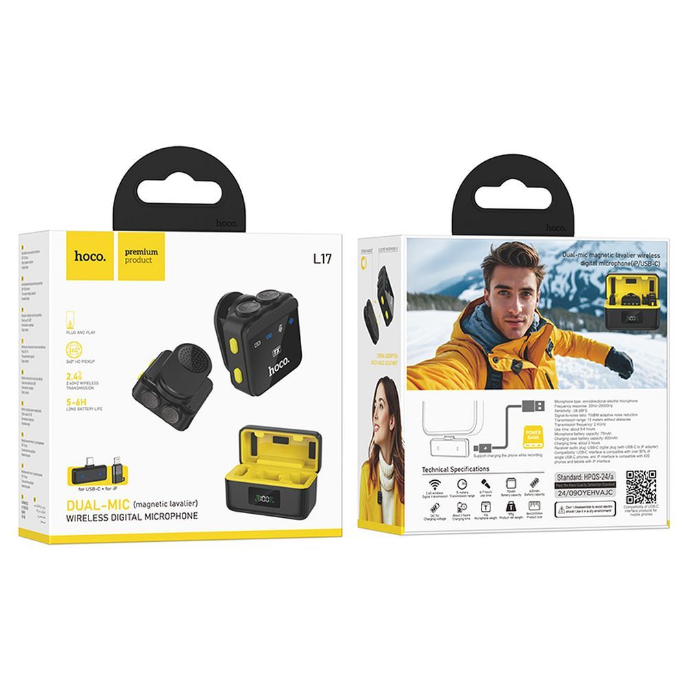 Lavaliera HOCO L17, USB-C / Lightning, Σετ 2 Τεμάχια, Μαύρη