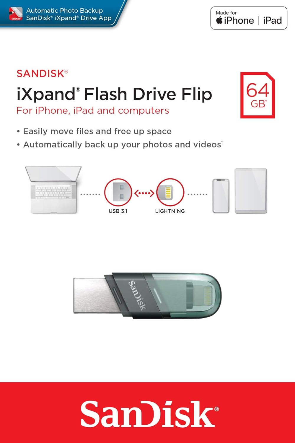 External Memory USB-A 3.1 / Lightning SanDisk iXpand Flip, 64Gb SDIX90N-064G-GN6NN