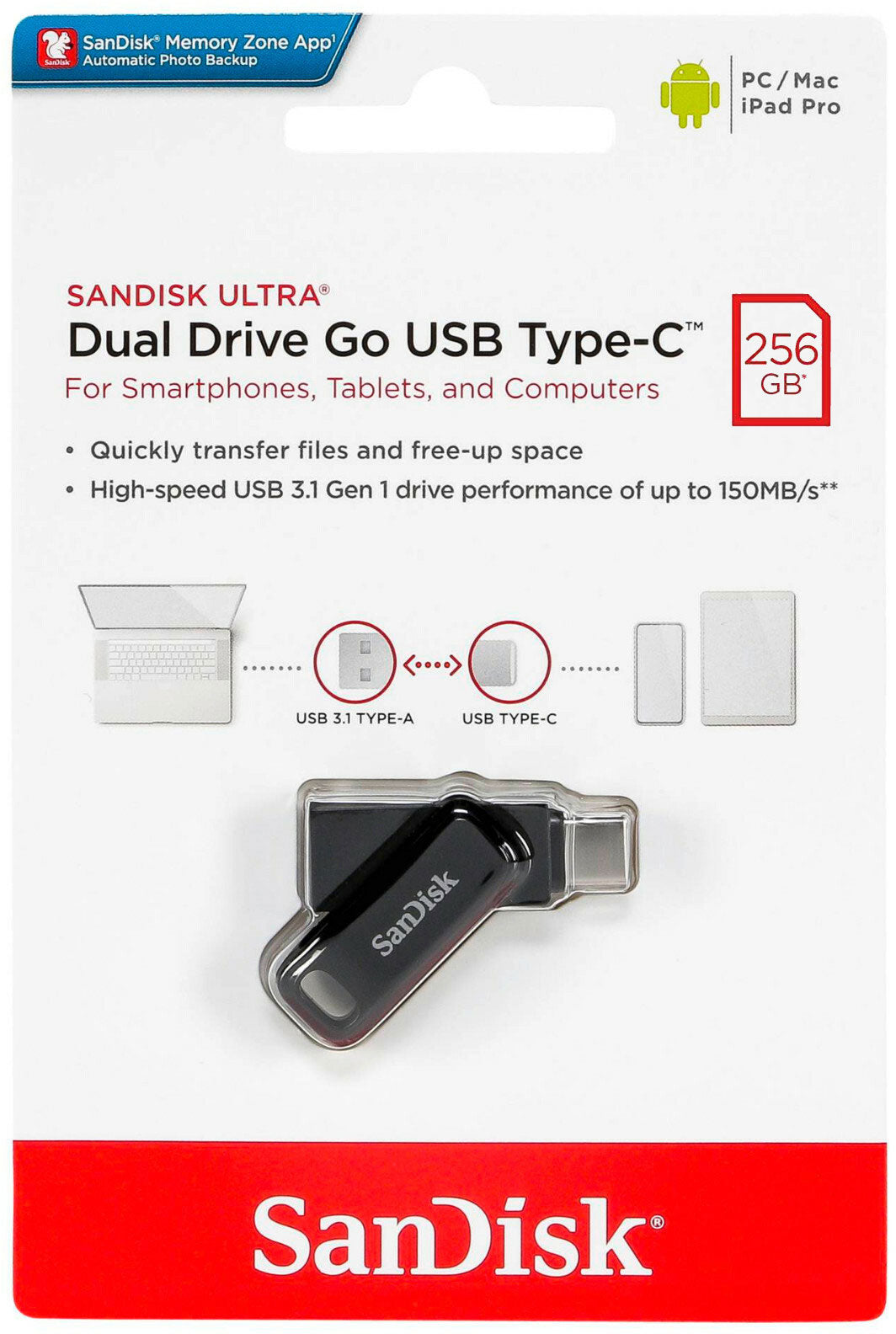 Εξωτερική Μνήμη USB-A 3.2 / USB-C SanDisk Ultra Dual Go, 256Gb SDDDC3-256G-G46