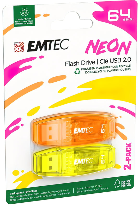 Εξωτερική Μνήμη USB-A Emtec C410 Neon, 64Gb, Σετ 2 τεμαχίων ECMMD64GC41