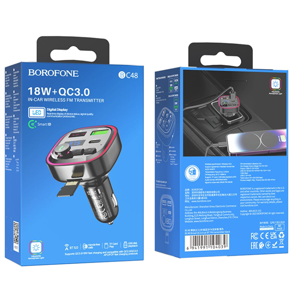 Modulator FM Bluetooth Borofone BC48, 2 x USB-A - 1 x USB-C