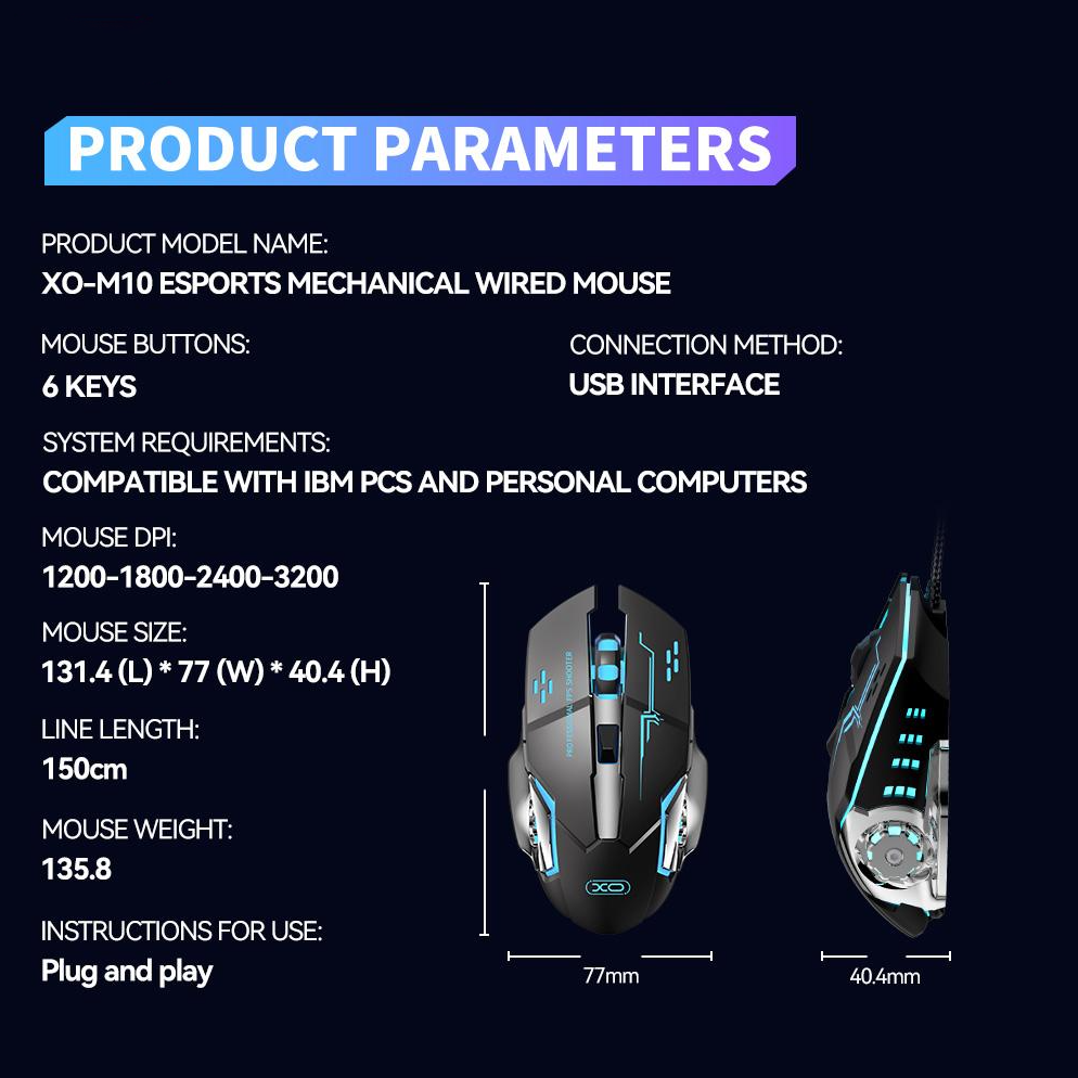 Ποντίκι Gaming Ενσύρματο USB XO Design M10, RGB, 3200DPI, Μαύρο