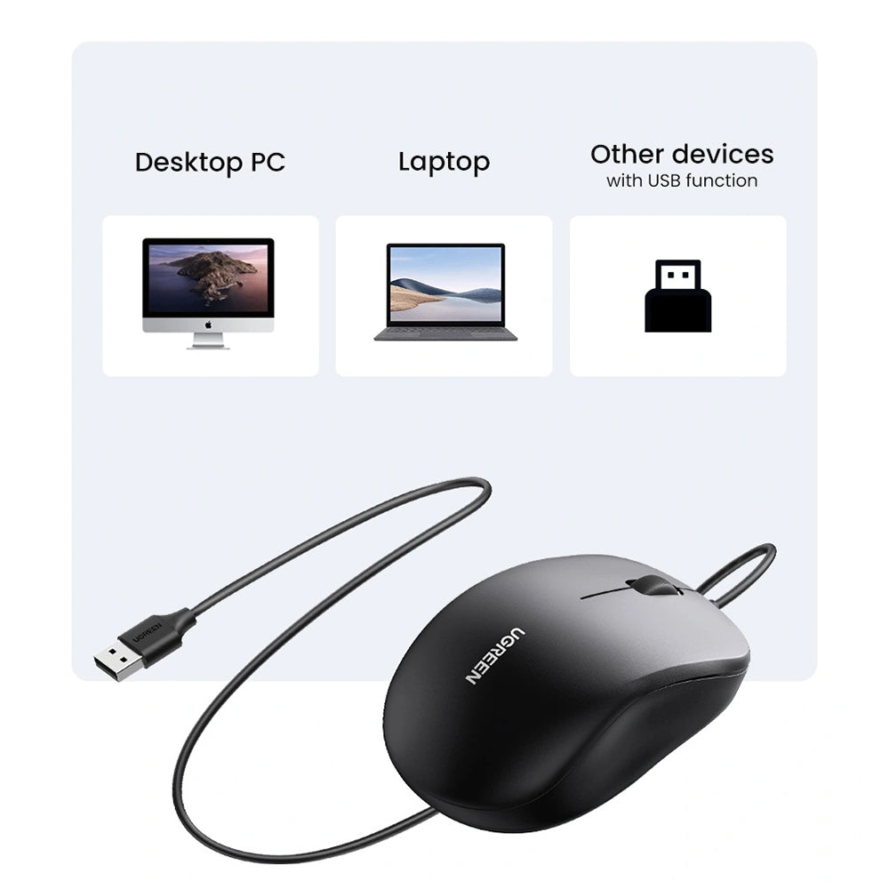 Mouse Wired USB UGREEN MU007, 1200DPI, 1.5m, Μαύρο