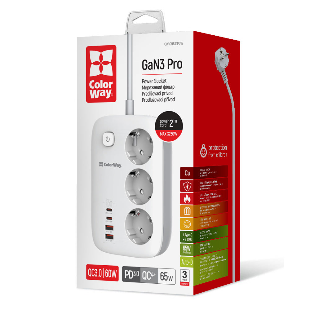 Πολύπριζο ColorWay, 3 x Schuko, Λευκό