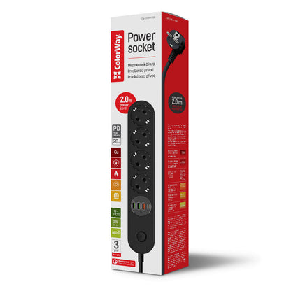 Πολύπριζο ColorWay, 4 x Schuko, Μαύρο