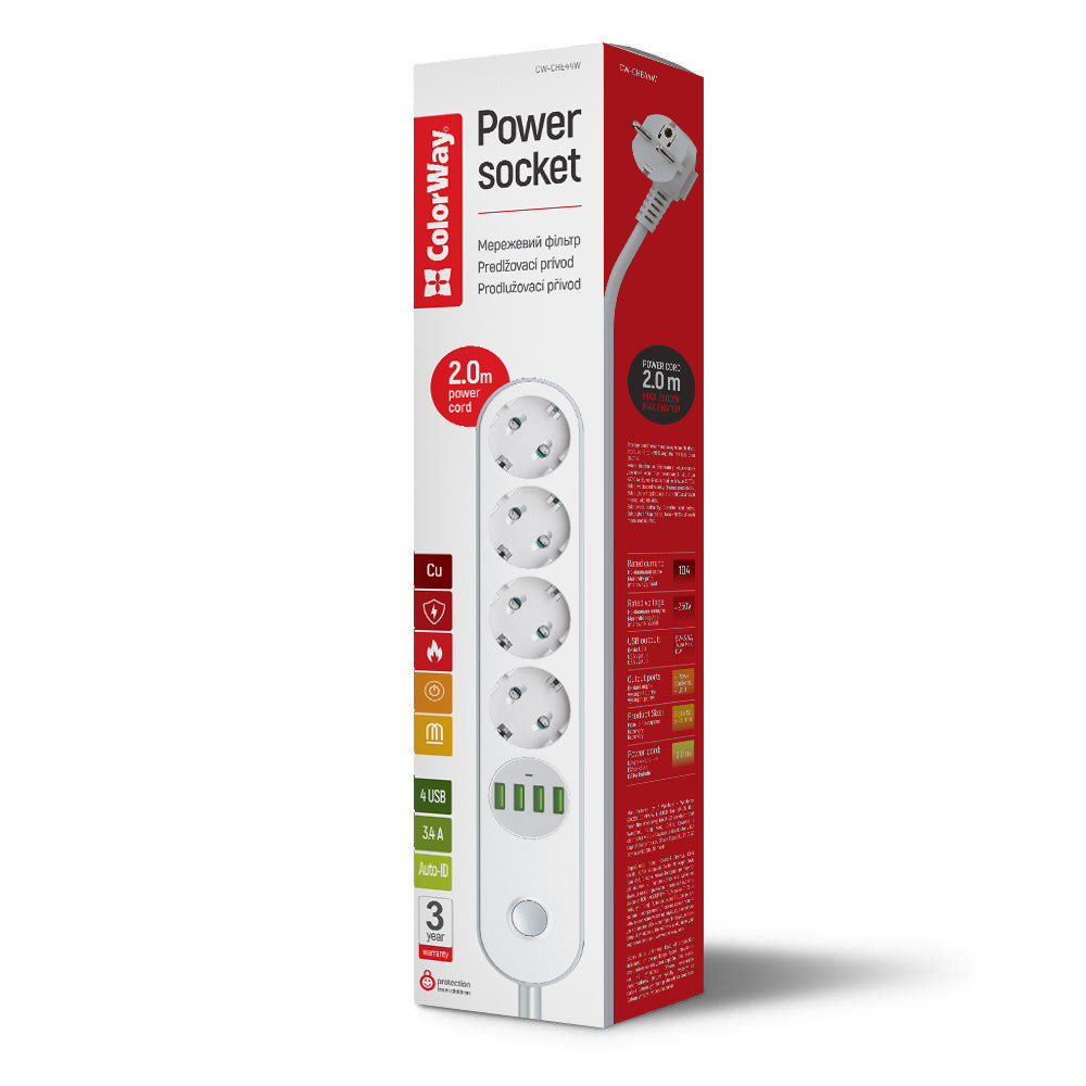 Πολύπριζο ColorWay, 4 x Schuko, Λευκό