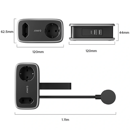 Προέκταση Orico APP, 1 x Schuko - 1 x Πρίζα - 2 x USB-A - 1 x USB-C, Μαύρο Γκρι