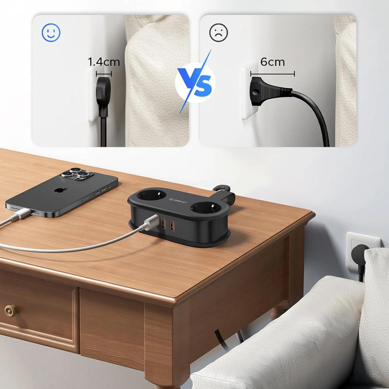 Προέκταση Orico APP, 2 x Schuko - 2 x USB-A - 1 x USB-C, Μαύρο