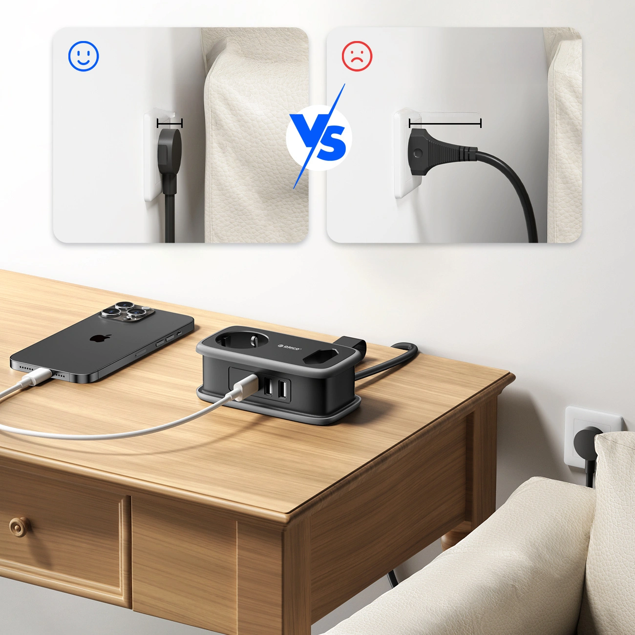Προέκταση Orico APP, 1 x Schuko - 1 x Πρίζα - 2 x USB-A - 1 x USB-C, Μαύρο Γκρι