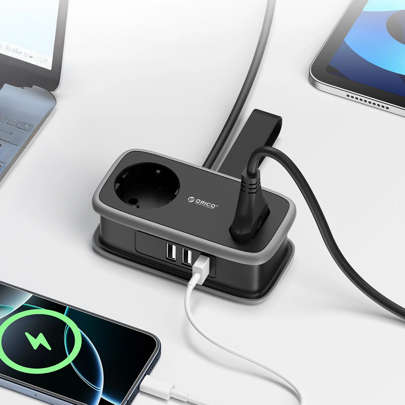 Προέκταση Orico APP, 1 x Schuko - 1 x Πρίζα - 2 x USB-A - 1 x USB-C, Μαύρο Γκρι
