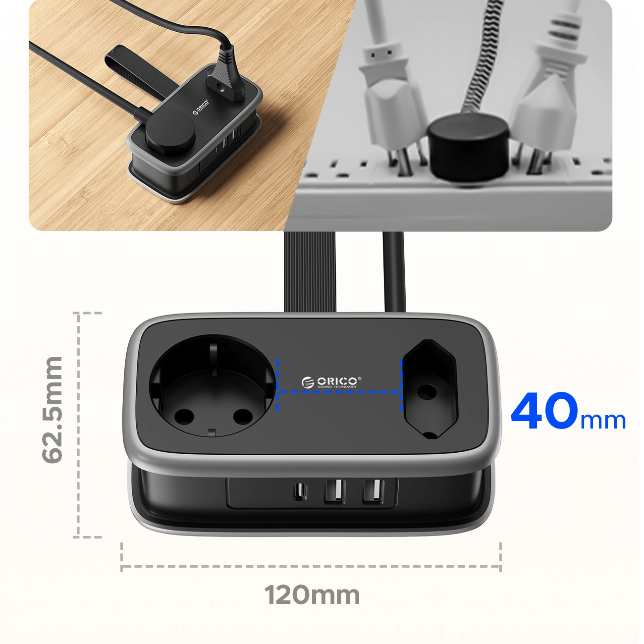 Προέκταση Orico APP, 1 x Schuko - 1 x Πρίζα - 2 x USB-A - 1 x USB-C, Μαύρο Γκρι