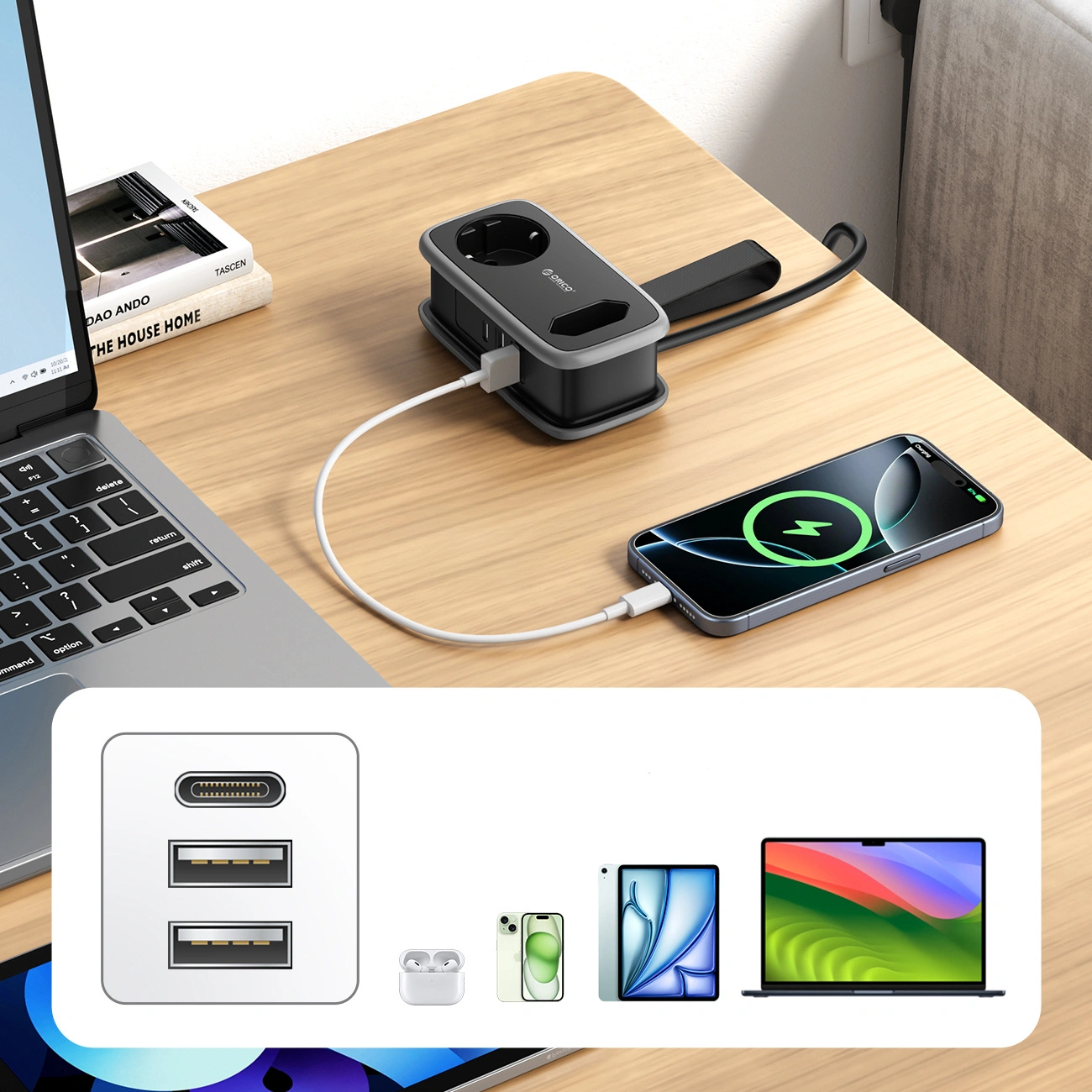 Προέκταση Orico APP, 1 x Schuko - 1 x Πρίζα - 2 x USB-A - 1 x USB-C, Μαύρο Γκρι