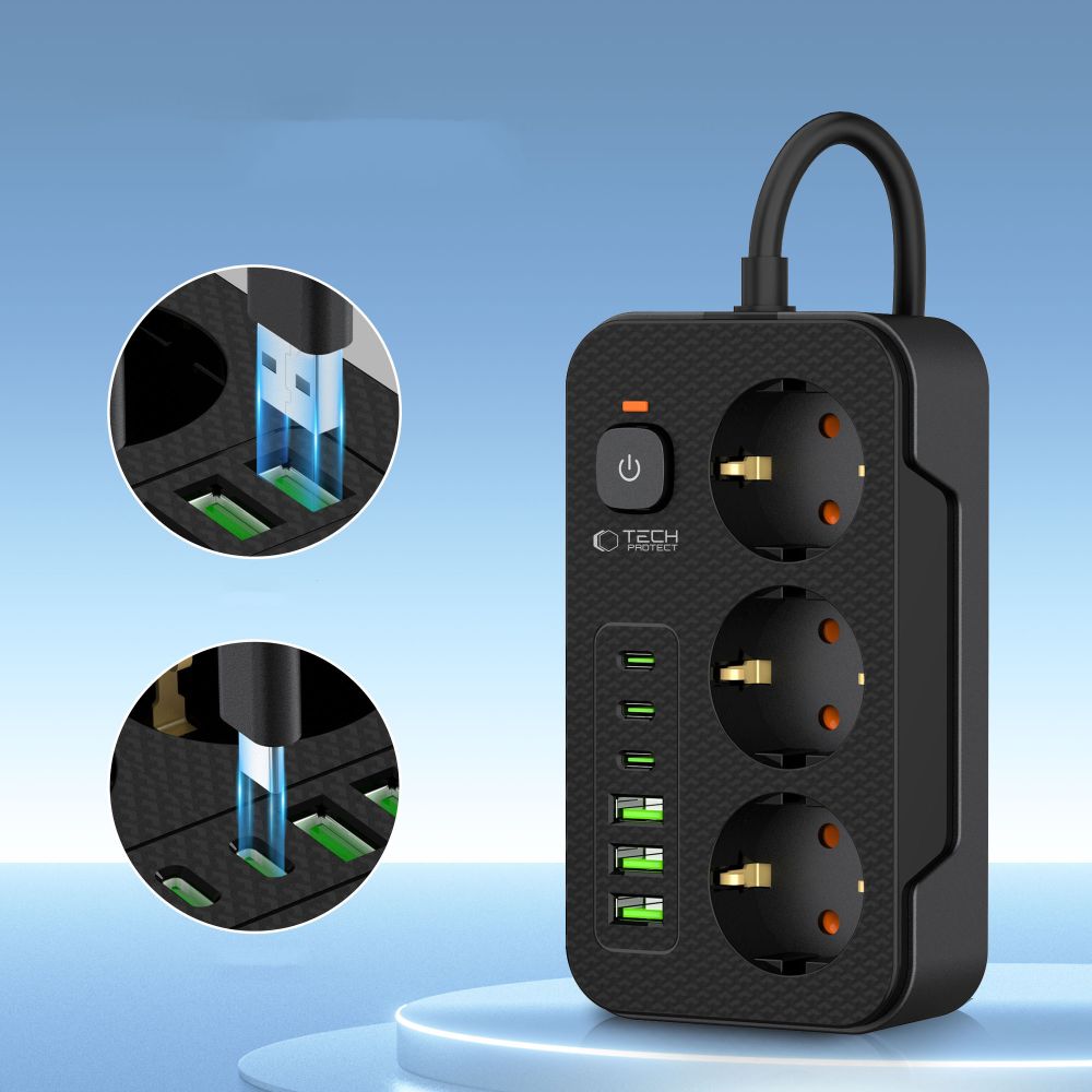 Πολύπριζο Tech-Protect PC3X6, 3 x Schuko, Μαύρο