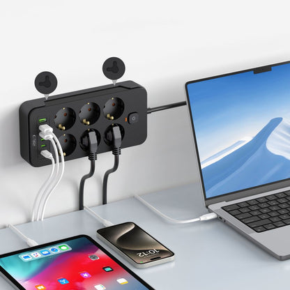 Φορτιστής δικτύου Tech-Protect PC6X6, 3 x USB-A - 3 x USB-C - 6 x Schuko, Μαύρο 