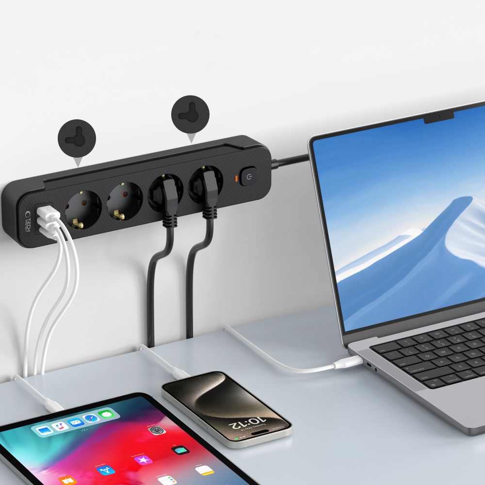 Φορτιστής δικτύου Tech-Protect PCL4X3, 2 x USB-A - 1 x USB-C - 4 x Schuko, Μαύρο 