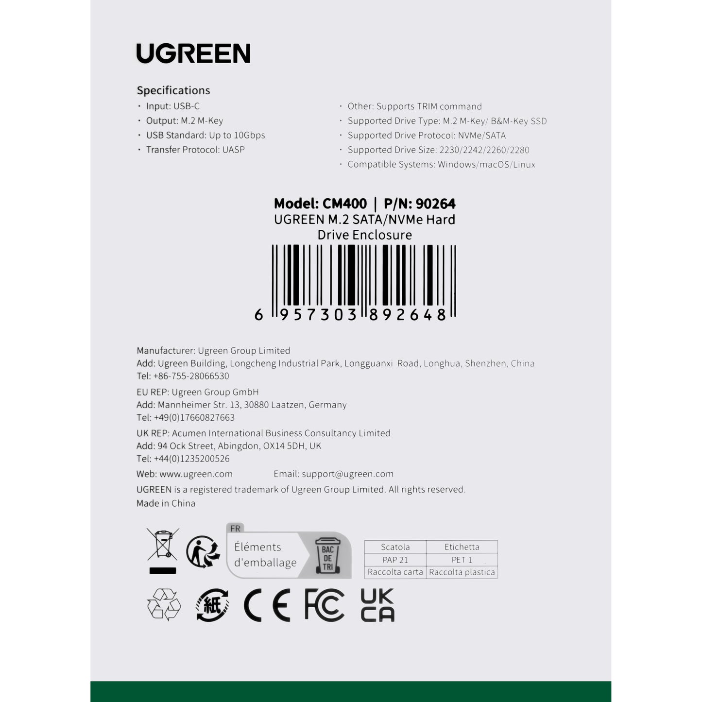 UGREEN CM400 Rack για SSD M.2 NVMe 2230 / 2242 / 2260 / 2280 SATA M.2 NVMe 2230 / 2242 / 2260 / 2280 SATA, Γκρι 