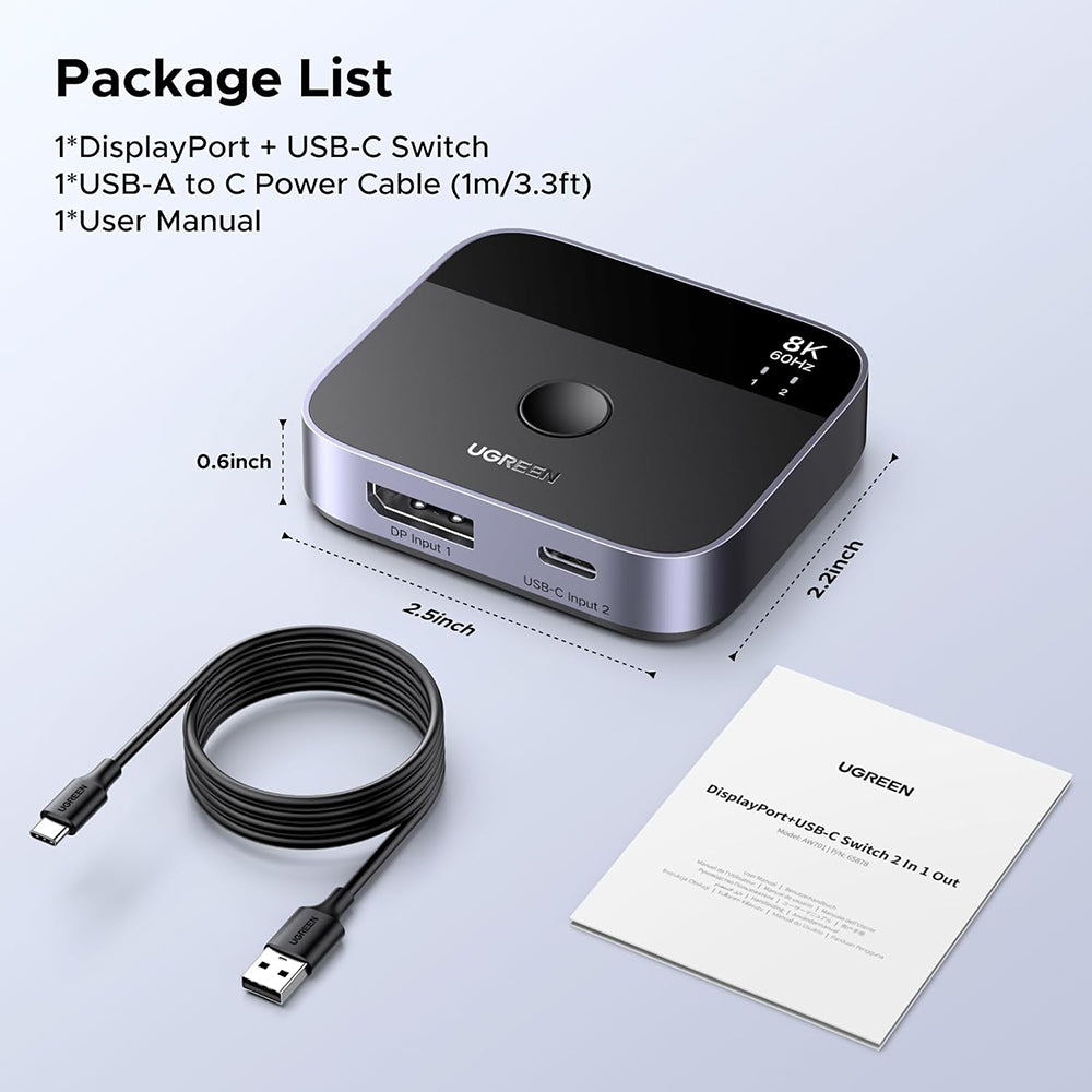 Switch Video DisplayPort / USB-C UGREEN 65878, Μαύρο