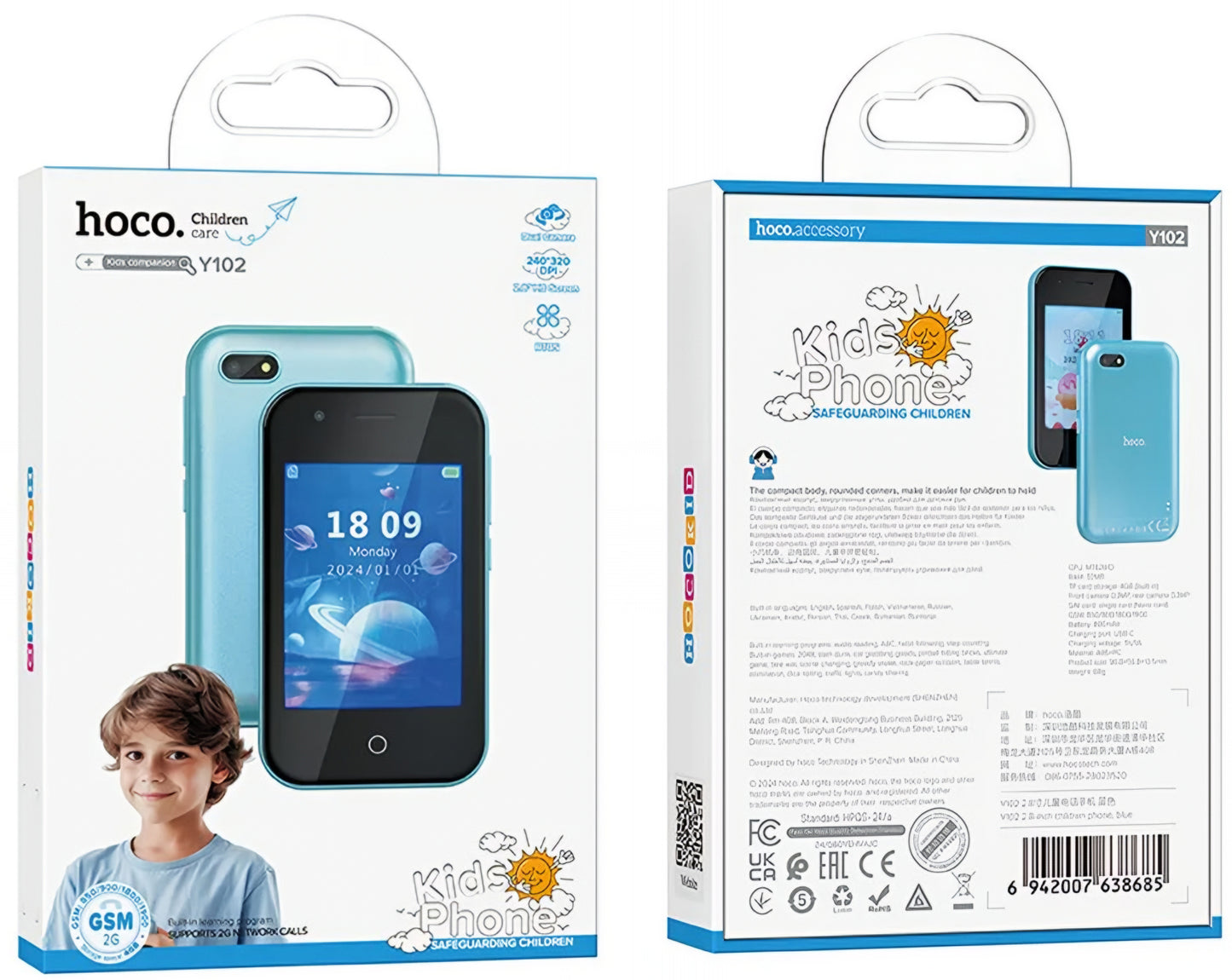 Κινητό Τηλέφωνο HOCO Y102 Kids, 2G, Οθόνη 2.8 ιντσών, Μπλε